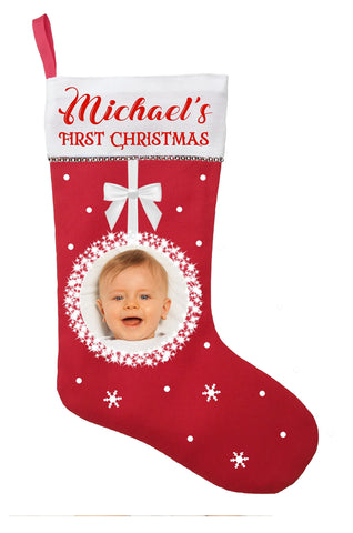 First Christmas Stocking with Photo - Personalized and Hand Made Baby's First Christmas Stocking