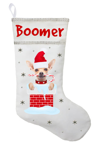 Chihuahua Christmas Stocking - Personalized and Hand Made Chihuahua Stocking - White