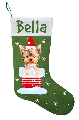 Yorkshire Terrier Christmas Stocking - Personalized and Hand Made Yorkshire Terrier Stocking - Green