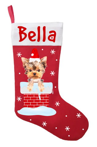 Yorkshire Terrier Christmas Stocking - Personalized and Hand Made Yorkshire Terrier Stocking - Red
