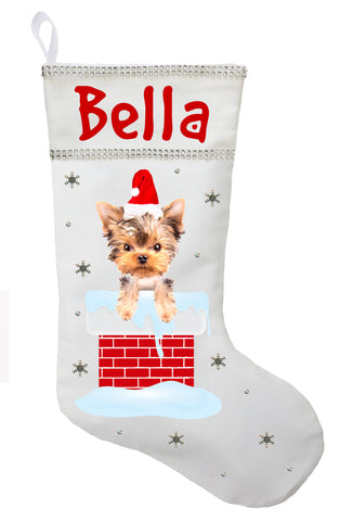 Yorkshire Terrier Christmas Stocking - Personalized and Hand Made Yorkshire Terrier Stocking - White