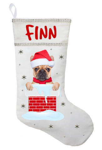 French Bulldog Christmas Stocking - Personalized and Hand Made French Bulldog Stocking - White