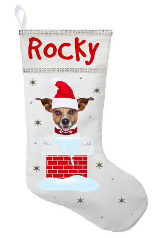 Jack Russell Terrier Christmas Stocking - Personalized and Hand Made Jack Russell Terrier Stocking - White