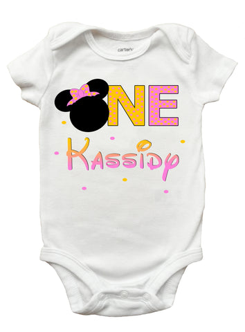 Minnie Mouse First Birthday One Piece Bodysuit - Personalized Minnie Mouse Onesie for Baby Girls (Sizes Newborn - 18 Months)