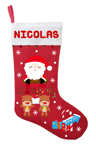 Santa Claus Christmas Stocking - Personalized Santa Stocking with his Reindeer